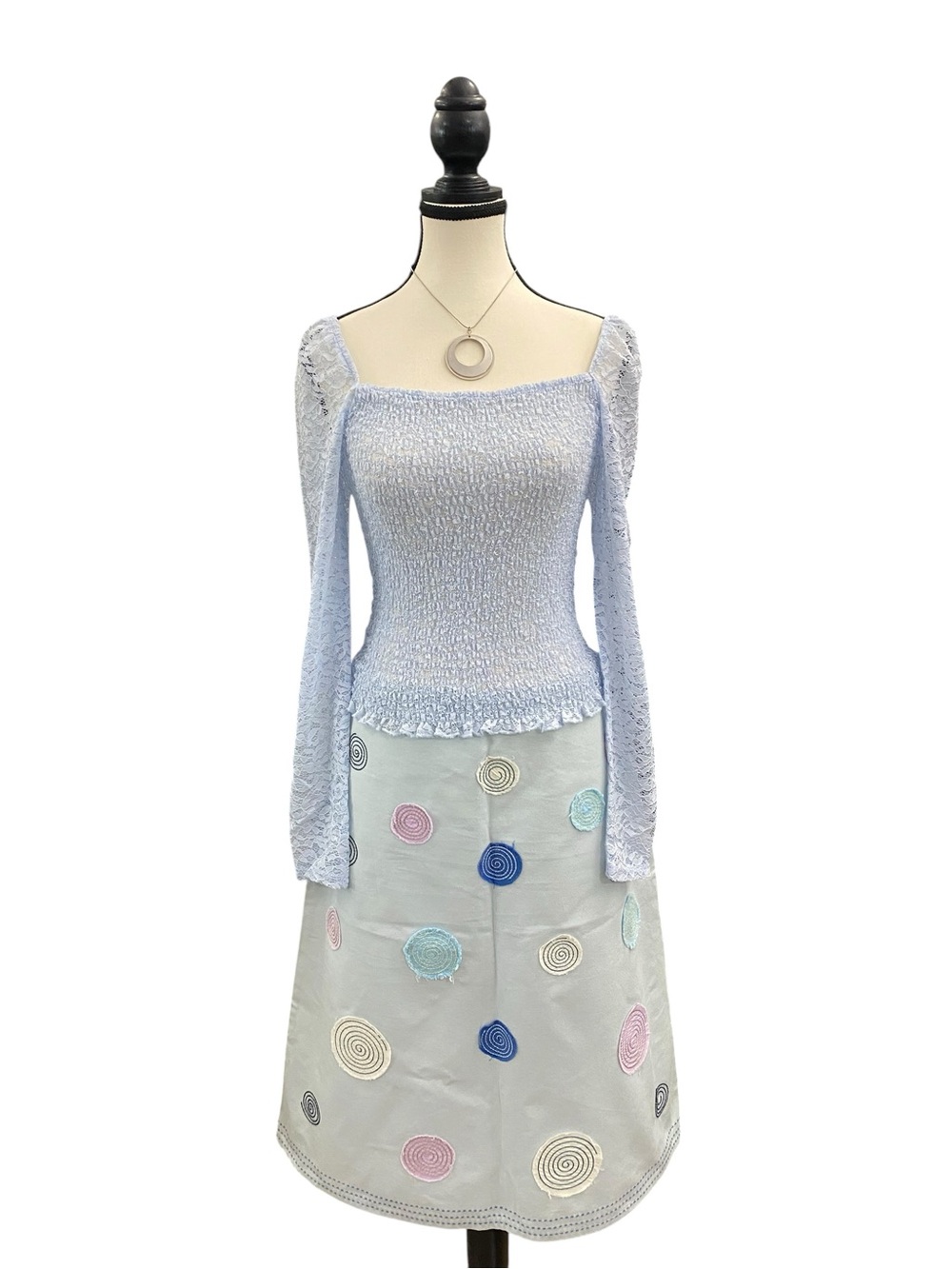 Revamped Blue Fitted Smocked Square Neck Top Size M EUC light blue lace
